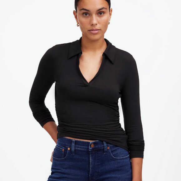 Side-Cinch Long-Sleeve Polo Top NWT - Picture 3 of 11